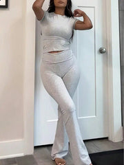 INAWLY 2pcs/Set Women Casual Round Neck Short Sleeve Top And Long Pants Set