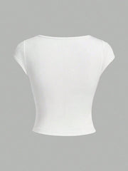 INAWLY Fashionable Sexy Club Solid Color Low Neck Fitted Cropped T-Shirt