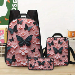 1 Set 3D Pink And Black Butterflies Backpack, Lunch Bag &Amp; Pencil Case Combo - Casual Large Capacity, Adjustable Shoulder Strap, Zipper Closure, Unisex Travel &Amp; Bag For Office &Amp; Daily Use, Office Backpack | Butterfly Print Bag | Adjus