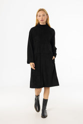 Black Ribbed Turtleneck Microsuede Dress