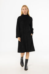 Black Ribbed Turtleneck Microsuede Dress