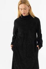 Black Ribbed Turtleneck Microsuede Dress