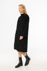Black Ribbed Turtleneck Microsuede Dress