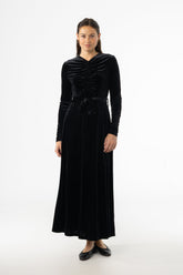 Black Ruched Velour Maxi Dress