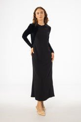 Black Mixed Fabric Maxi Dress