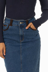 Blue Corduroy Detail Denim Skirt