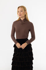 Brown Overlap Mock Neck Top