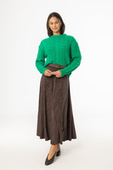 Brown Paneled Microsuede Skirt