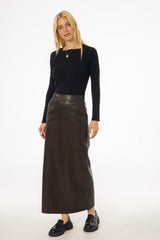 Brown Straight Vegan Leather Skirt