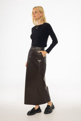 Brown Straight Vegan Leather Skirt