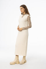 Cream V Neck Knit Maxi Dress
