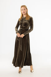 Olive Ruched Velour Maxi Dress