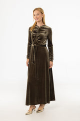 Olive Ruched Velour Maxi Dress