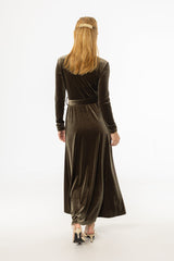 Olive Ruched Velour Maxi Dress