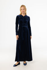 Navy Ruched Velour Maxi Dress