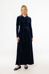 Navy Ruched Velour Maxi Dress