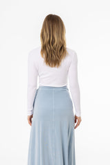 White Ribbed V-Neck Long Sleeve Tee