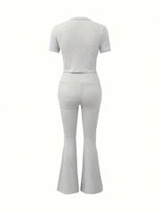 INAWLY 2pcs/Set Women Casual Round Neck Short Sleeve Top And Long Pants Set