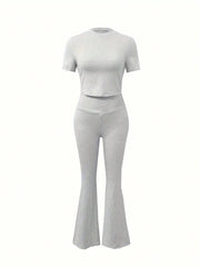 INAWLY 2pcs/Set Women Casual Round Neck Short Sleeve Top And Long Pants Set