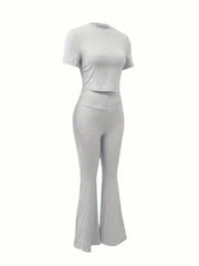 INAWLY 2pcs/Set Women Casual Round Neck Short Sleeve Top And Long Pants Set