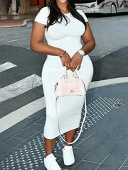 SHEIN Plus Size Women's Solid Color Simple Daily Short Sleeve Dress