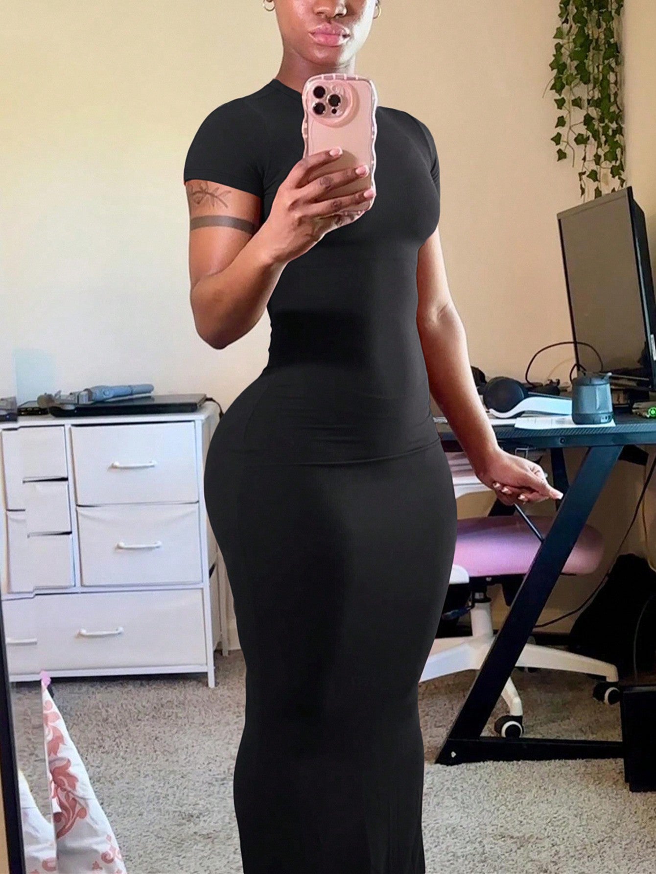 SHEIN Women's Fashion Solid Color Short Sleeve Summer Dress