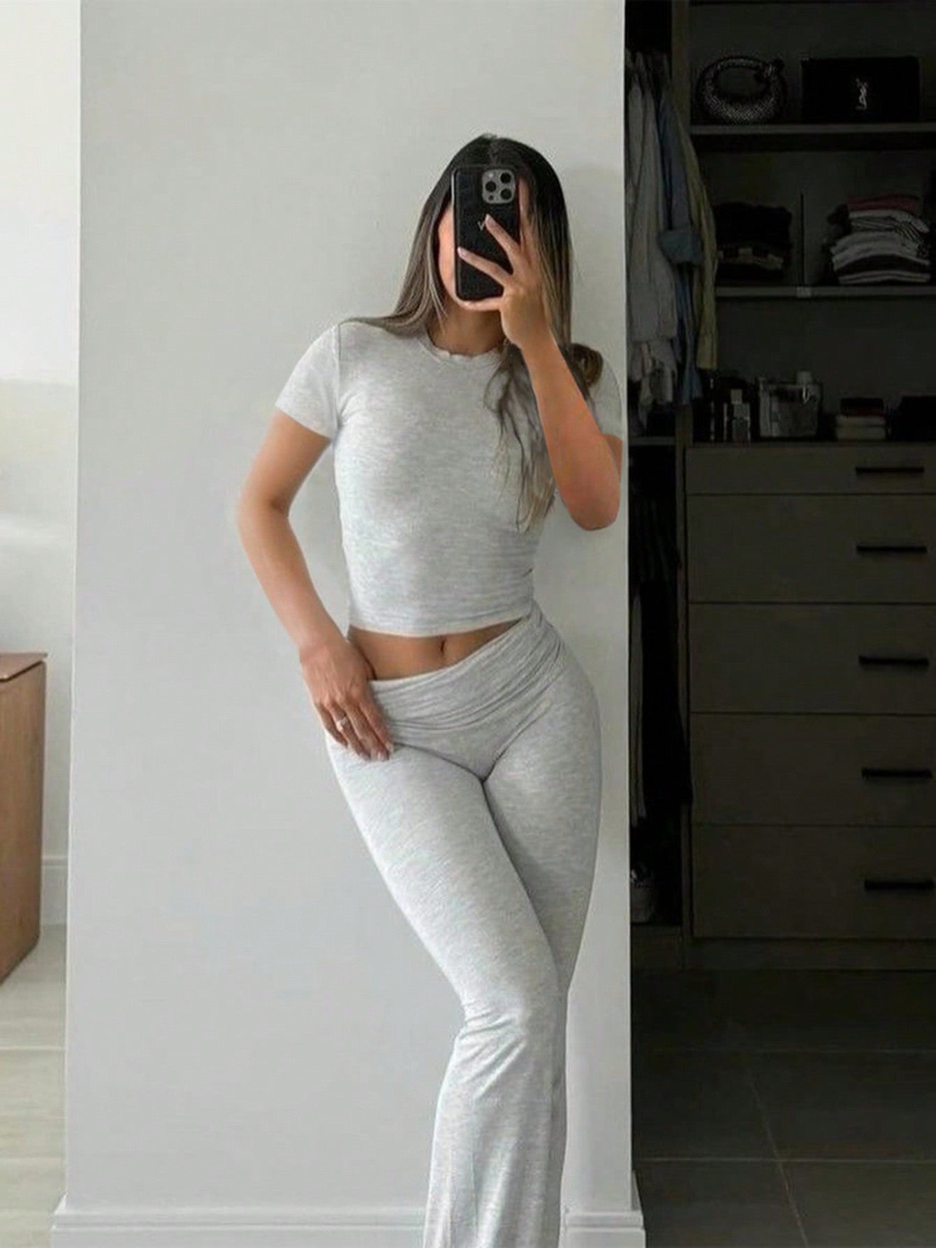 INAWLY 2pcs/Set Women Casual Round Neck Short Sleeve Top And Long Pants Set