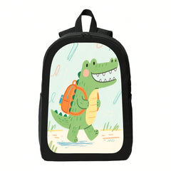 Cute Crocodile Black Backpack- Ideal For Daily Commuting, Durable Polyester Fiber, Casual Style, Zipper Closure, Adjustable