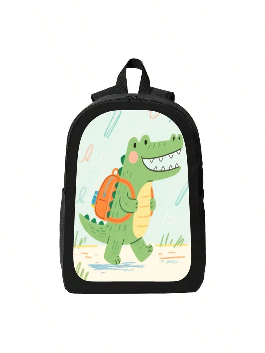 Cute Crocodile Black Backpack- Ideal For Daily Commuting, Durable Polyester Fiber, Casual Style, Zipper Closure, Adjustable