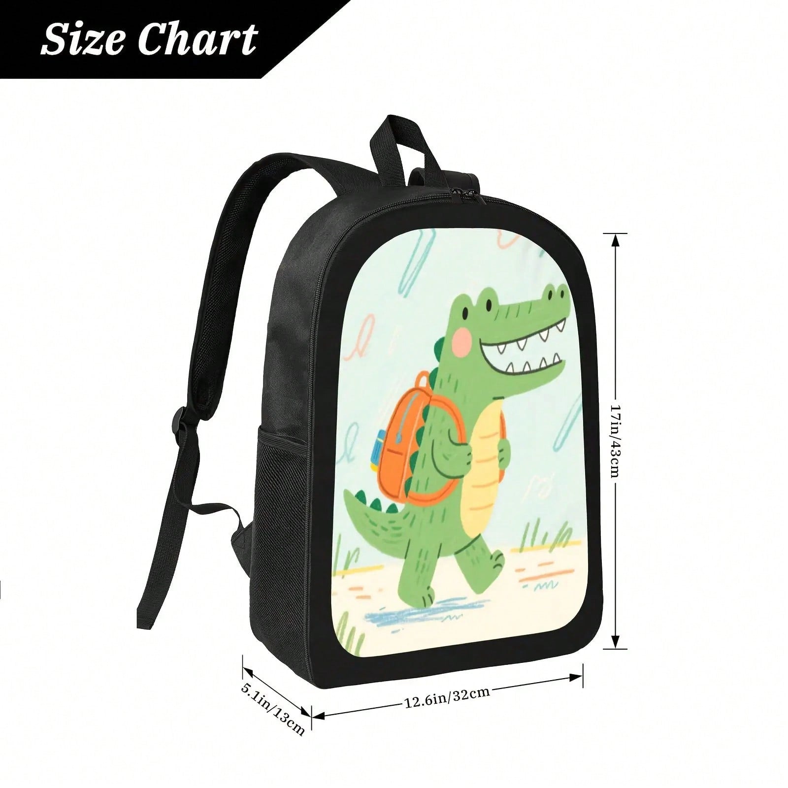 Cute Crocodile Black Backpack- Ideal For Daily Commuting, Durable Polyester Fiber, Casual Style, Zipper Closure, Adjustable