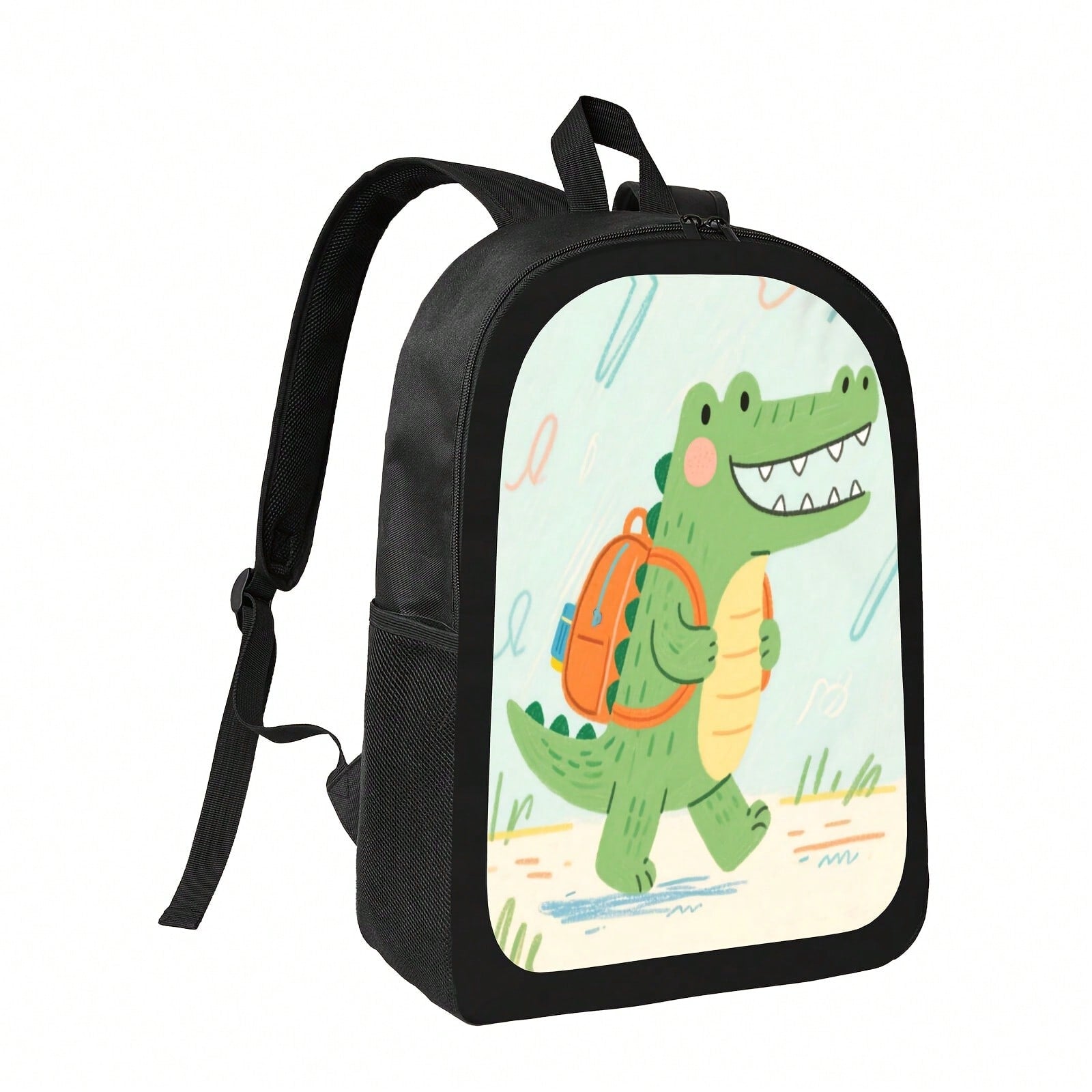 Cute Crocodile Black Backpack- Ideal For Daily Commuting, Durable Polyester Fiber, Casual Style, Zipper Closure, Adjustable