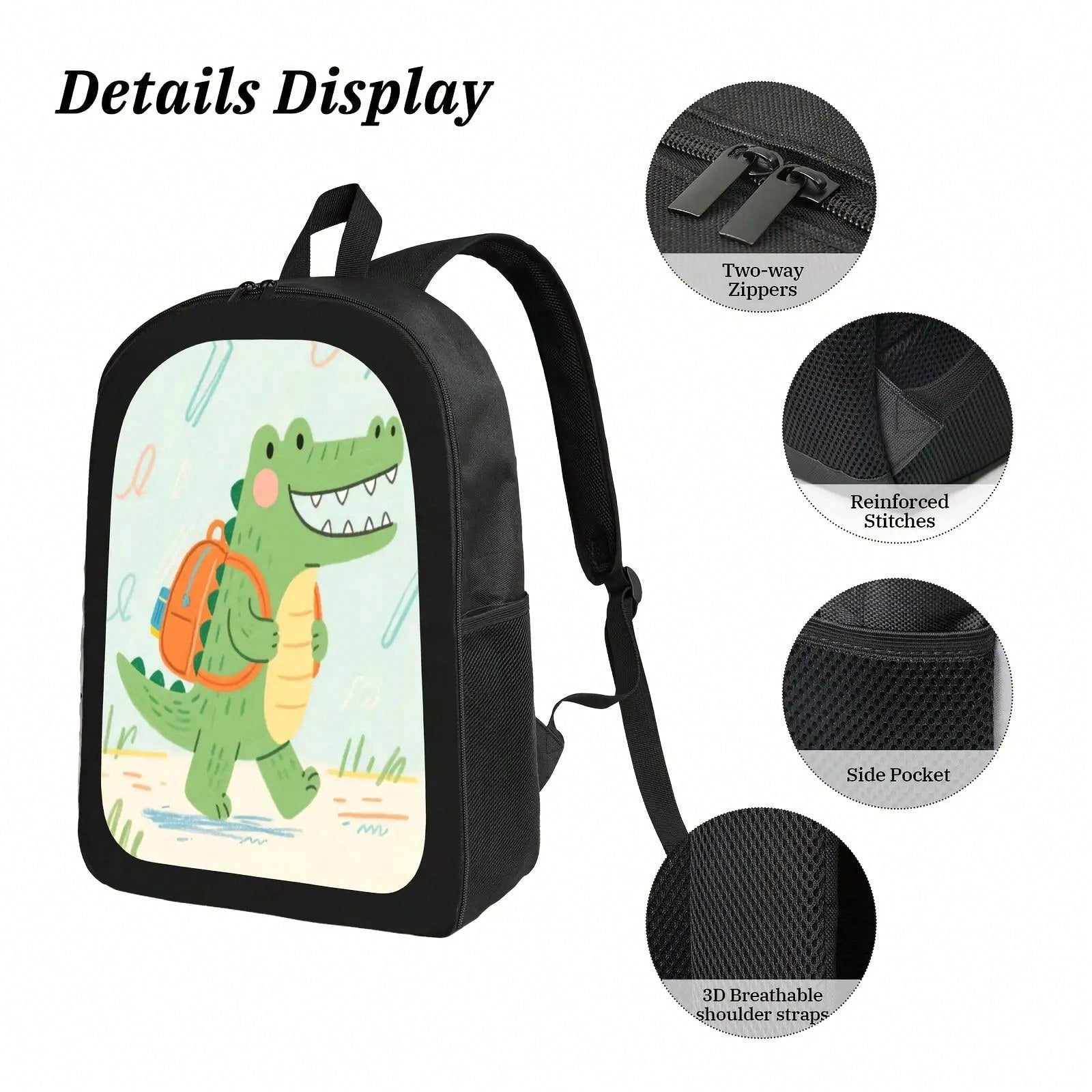 Cute Crocodile Black Backpack- Ideal For Daily Commuting, Durable Polyester Fiber, Casual Style, Zipper Closure, Adjustable