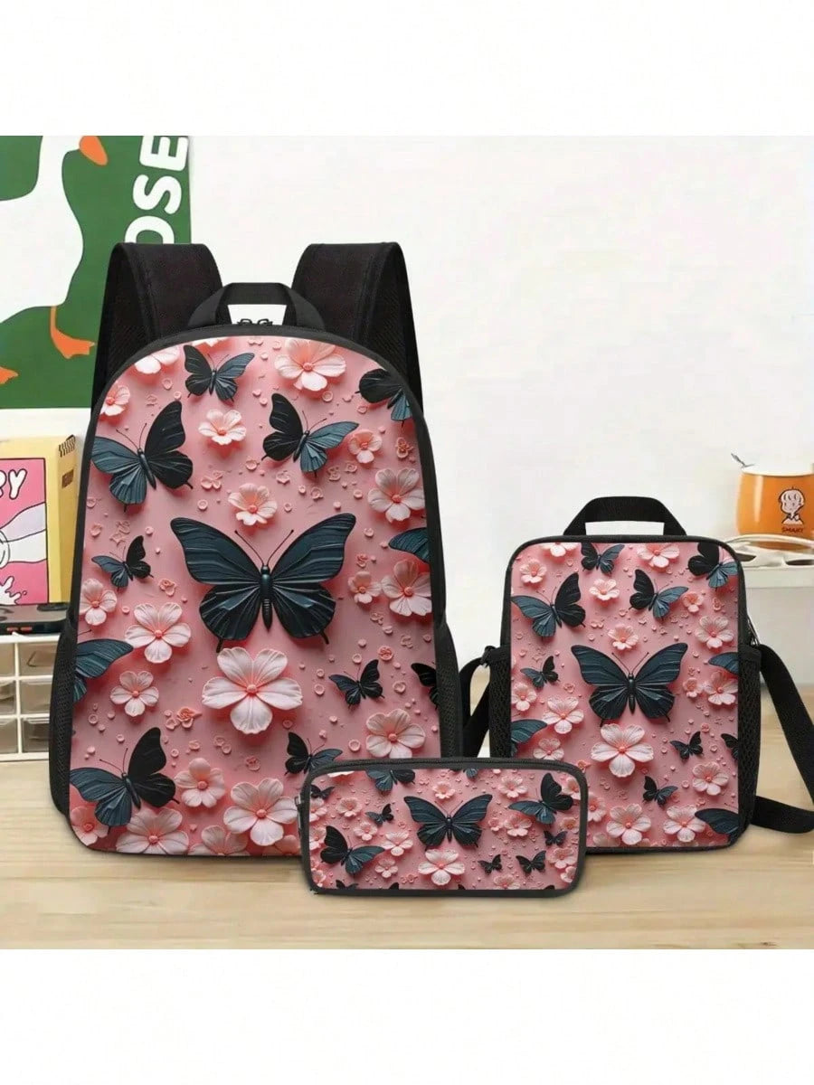 1 Set 3D Pink And Black Butterflies Backpack, Lunch Bag &Amp;   Pencil Case Combo - Casual Large Capacity, Adjustable Shoulder Strap, Zipper Closure, Unisex Travel &Amp;   Bag For Office &Amp;   Daily Use, Office Backpack |   Butterfly Print Bag |   Adjus