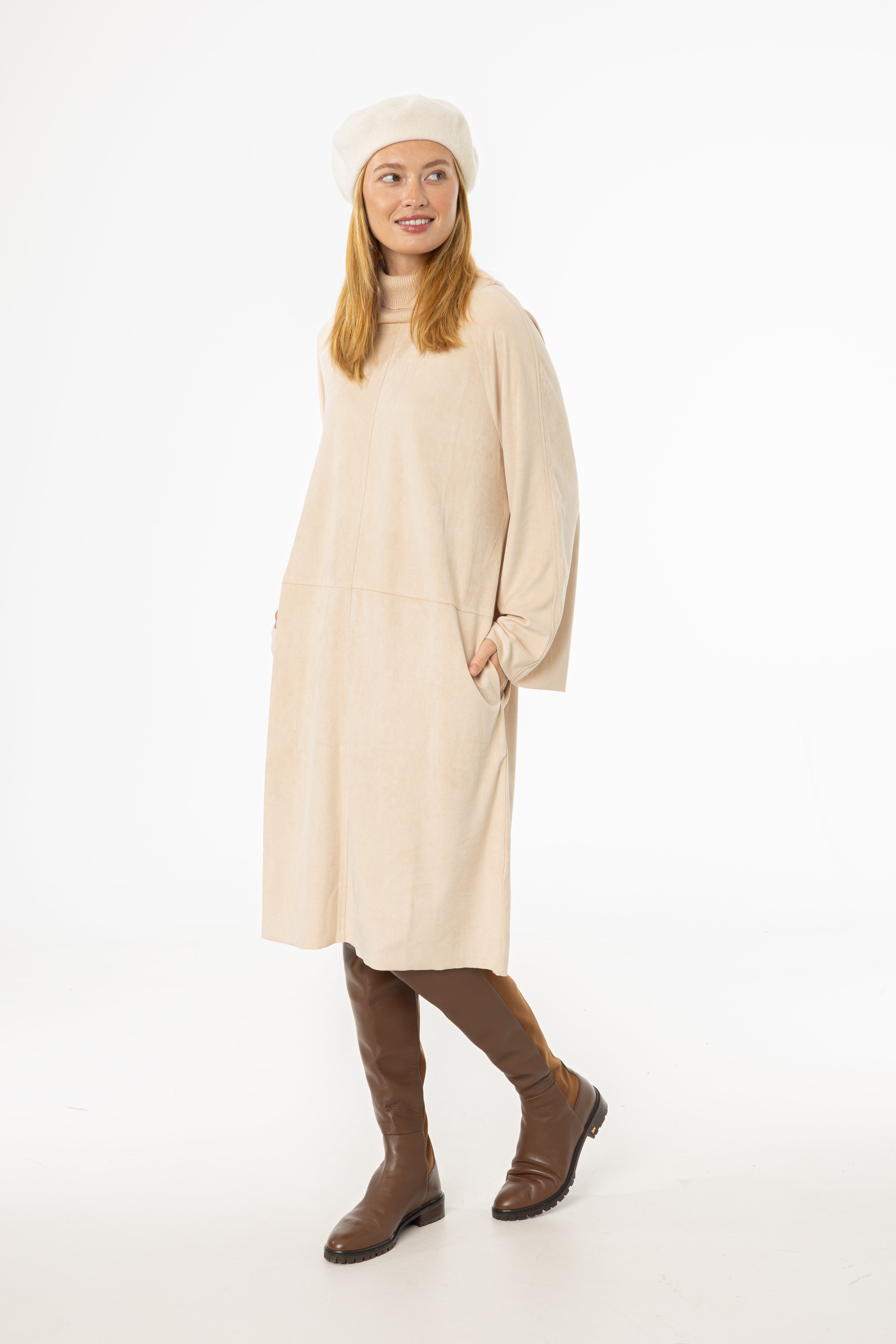 Cream Ribbed Turtleneck Microsuede Dress
