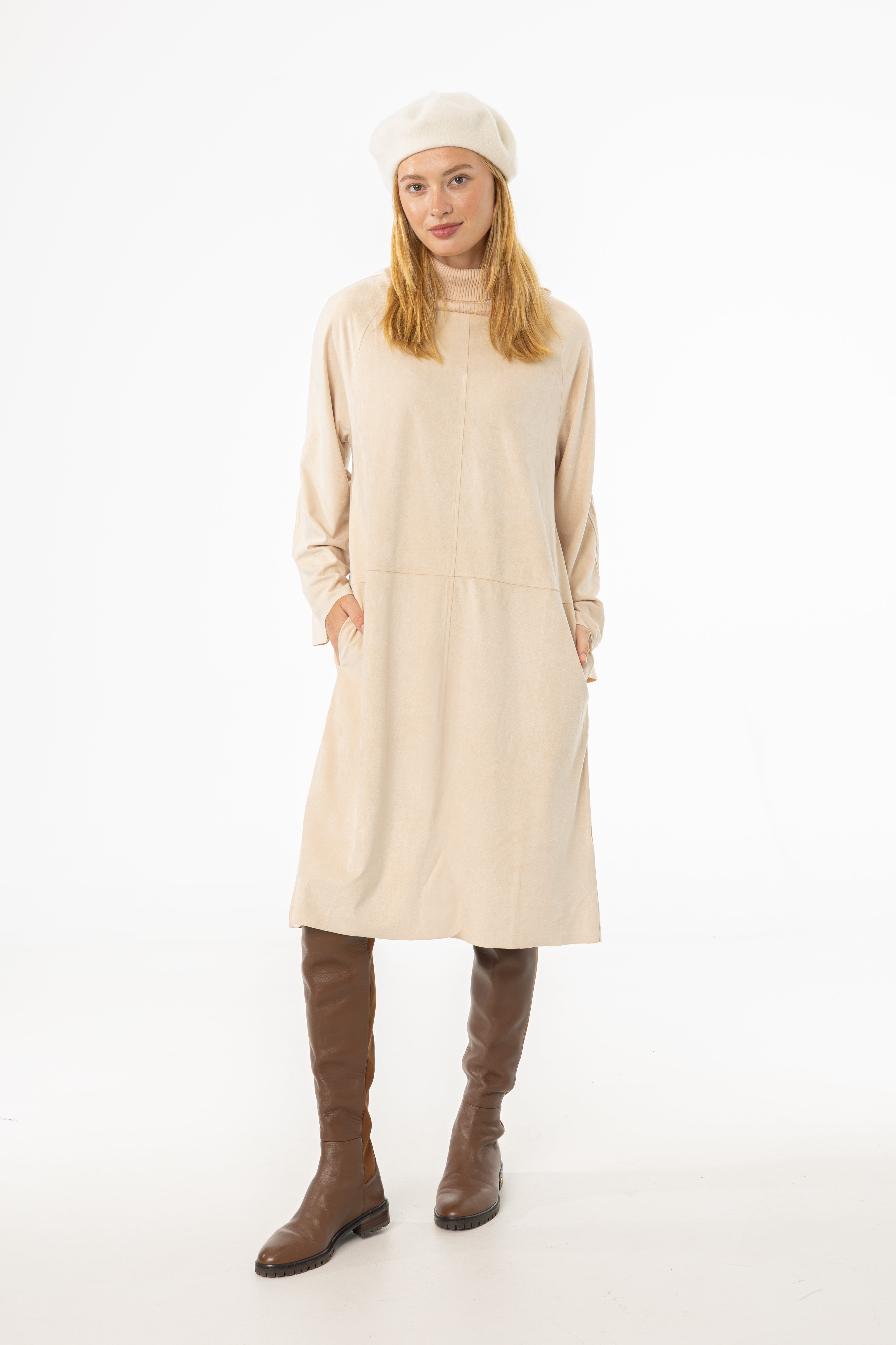 Cream Ribbed Turtleneck Microsuede Dress