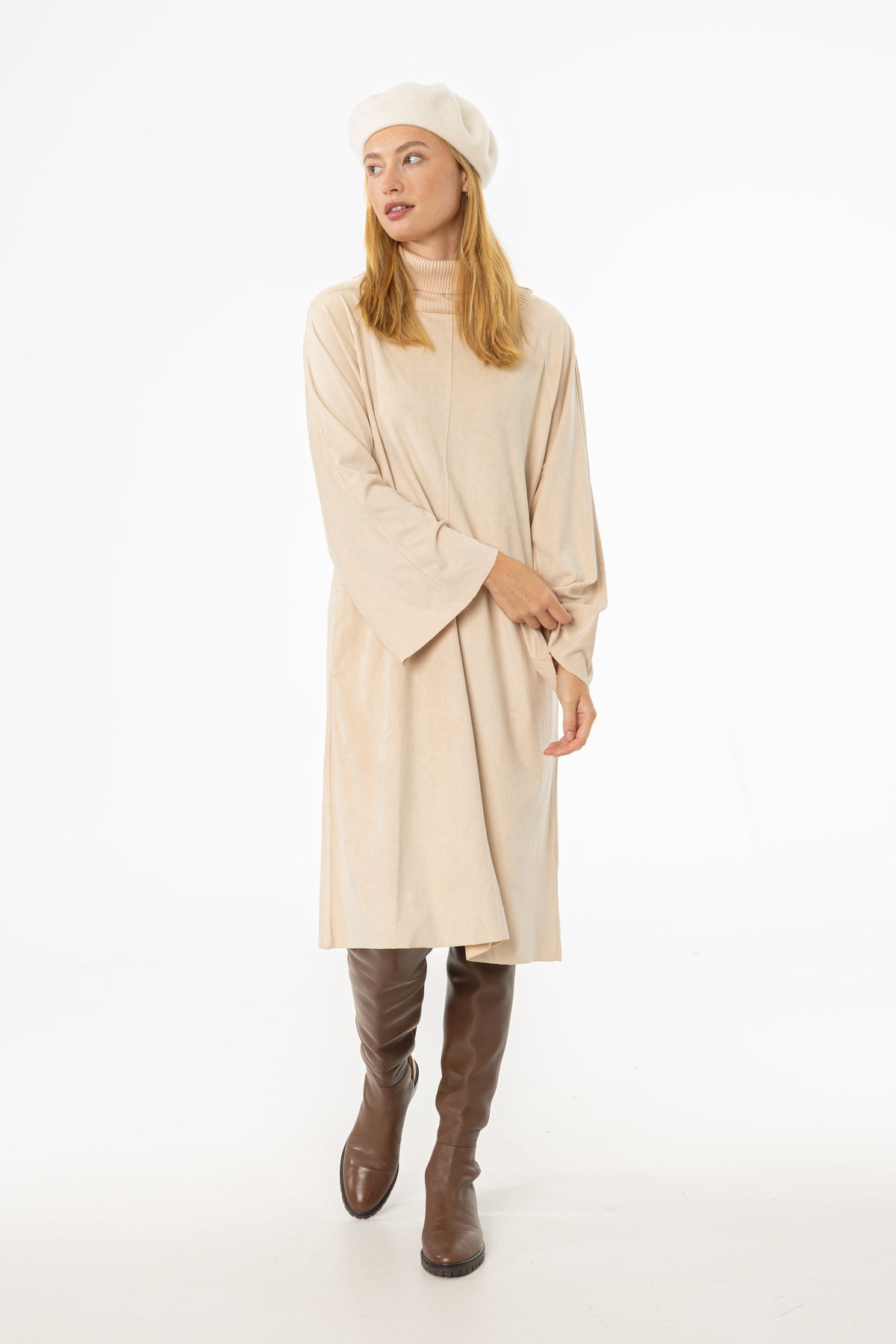 Cream Ribbed Turtleneck Microsuede Dress