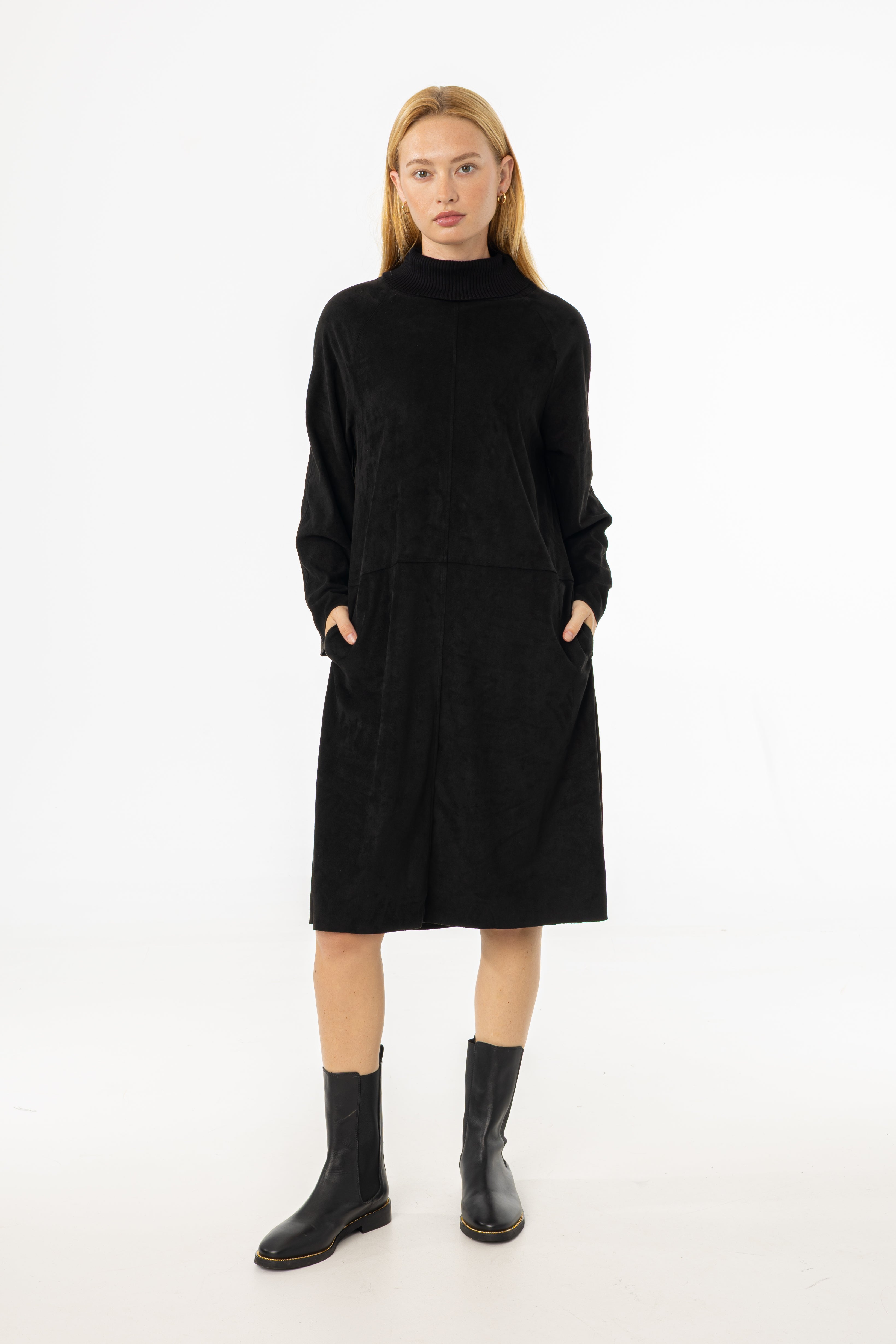 Black Ribbed Turtleneck Microsuede Dress