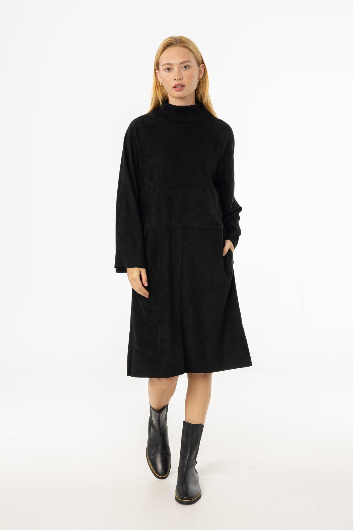 Black Ribbed Turtleneck Microsuede Dress
