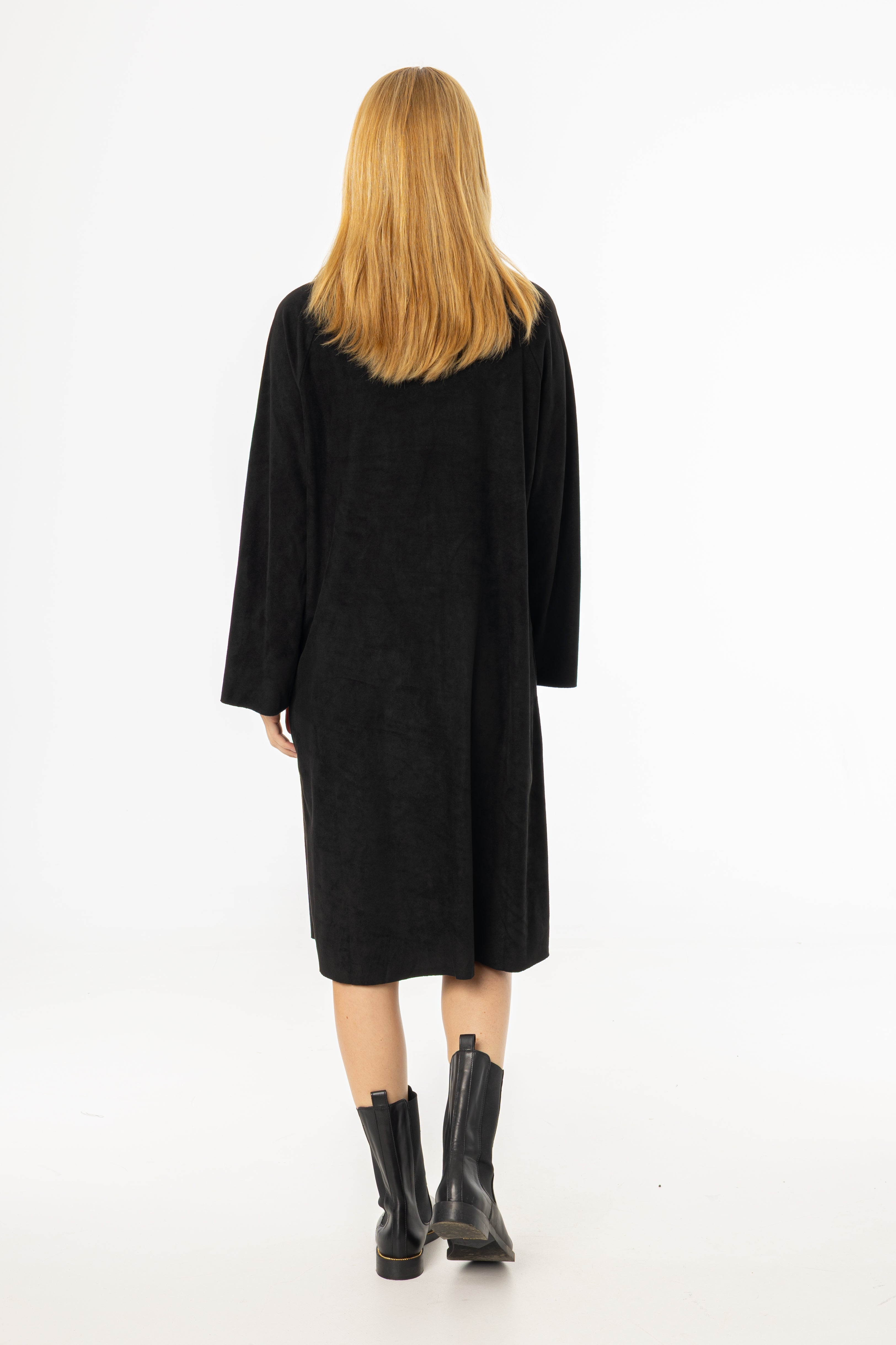 Black Ribbed Turtleneck Microsuede Dress