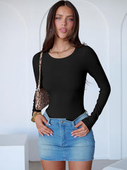 ANRABESS Women Long Sleeve Crew Neck Bodysuits Top 2025 Fall Slim Fit Ribbed Knit Soft Basic Tee Shirts
