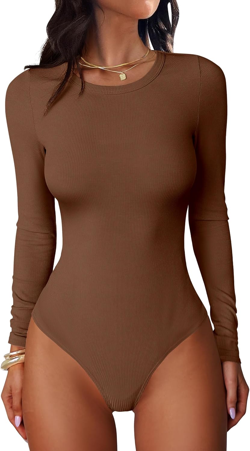 ANRABESS Women Long Sleeve Crew Neck Bodysuits Top 2025 Fall Slim Fit Ribbed Knit Soft Basic Tee Shirts