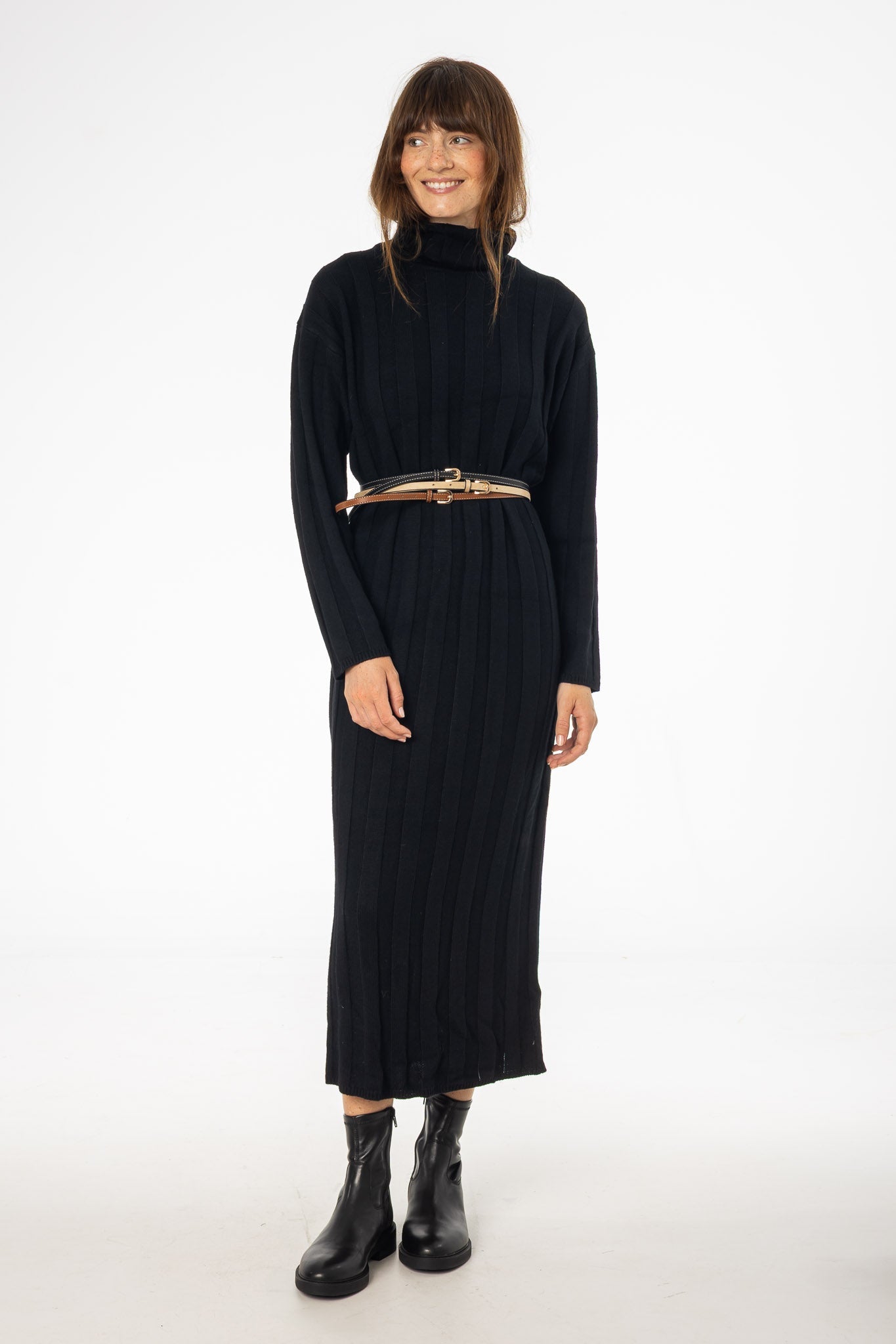 Black Ribbed Knit Turtleneck Maxi Dress