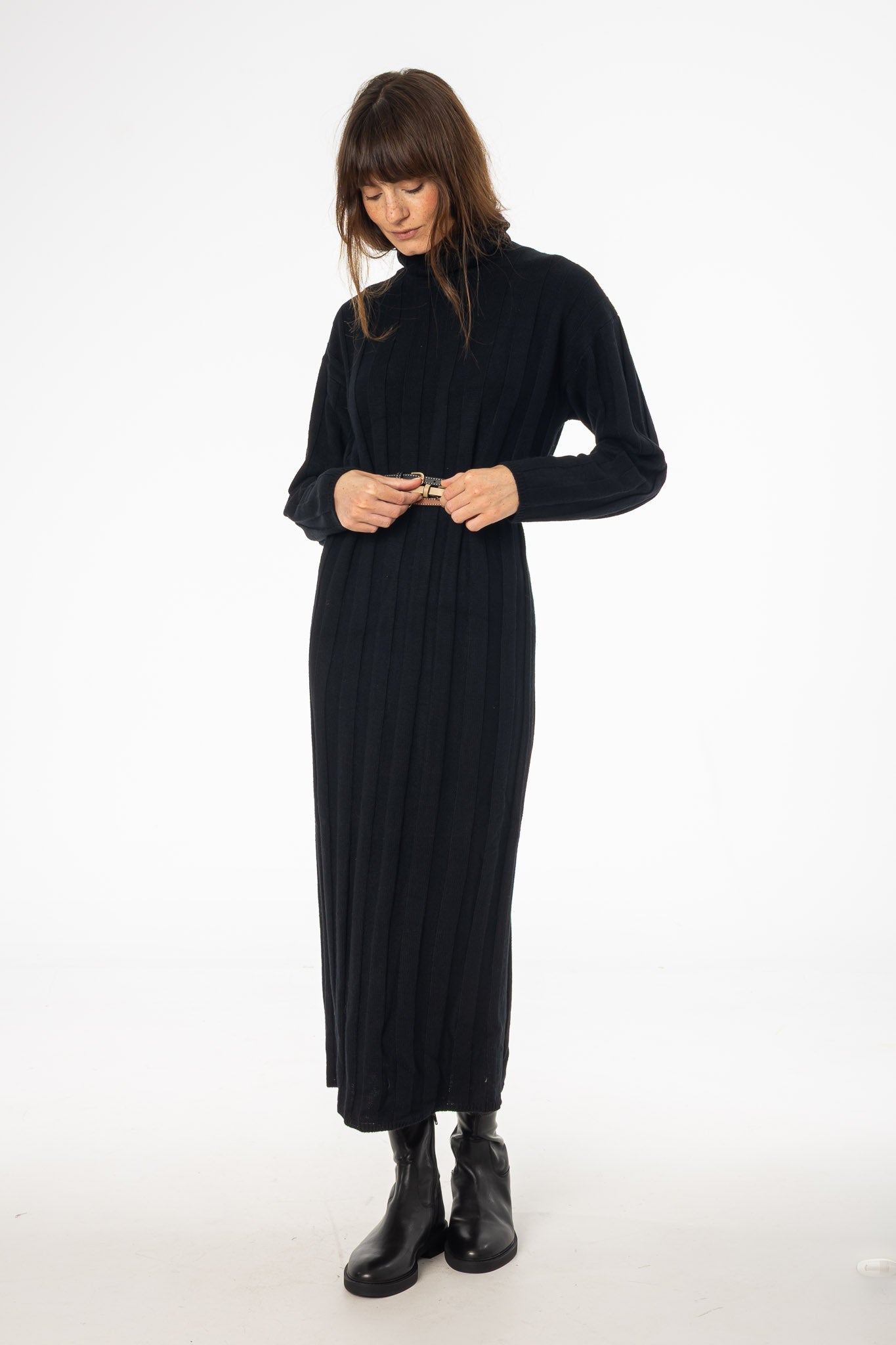 Black Ribbed Knit Turtleneck Maxi Dress