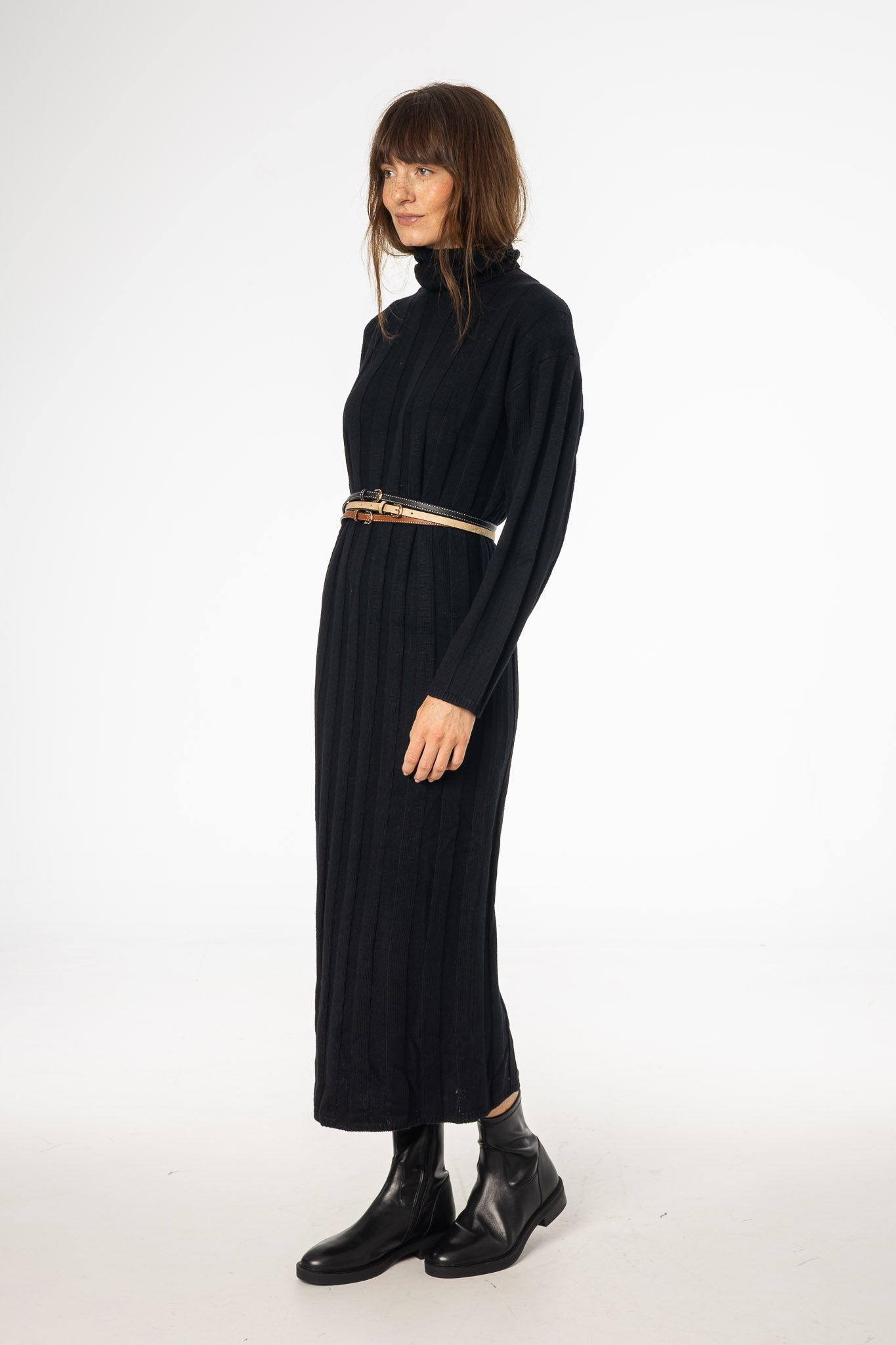 Black Ribbed Knit Turtleneck Maxi Dress