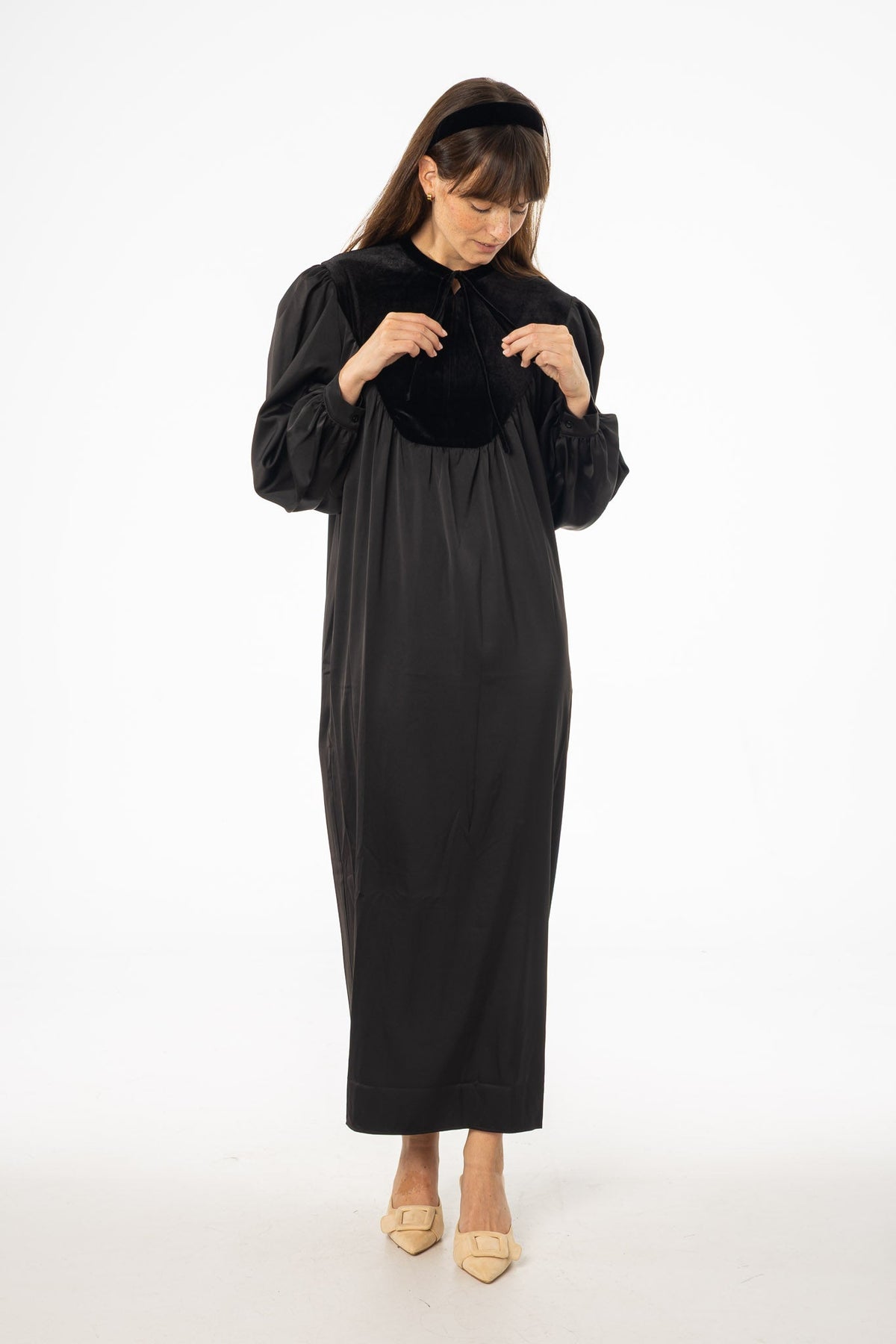 Black Velour Yoke Maxi Dress