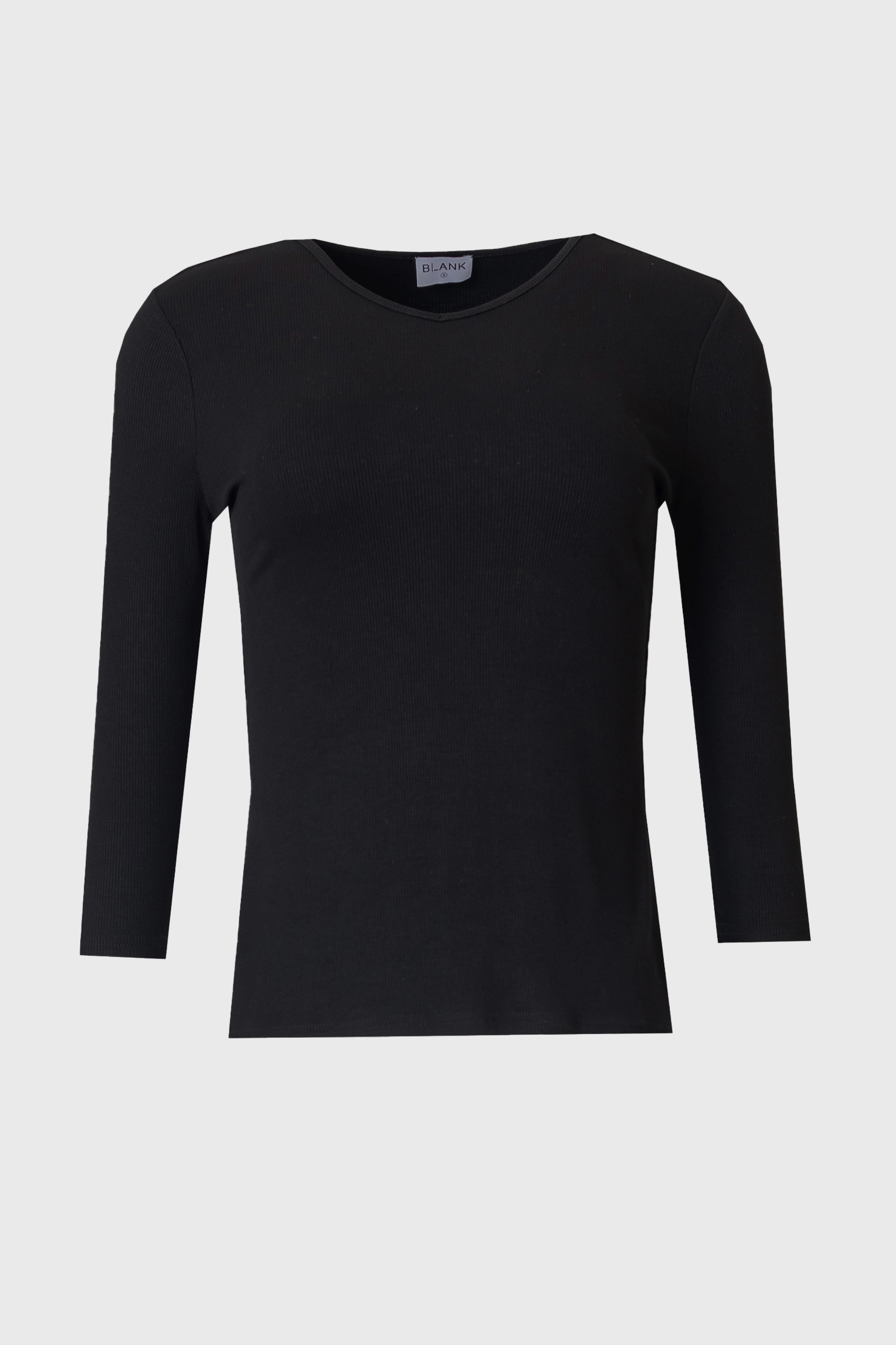 Black Ribbed V-Neck 3/4 Sleeve T-Shirt