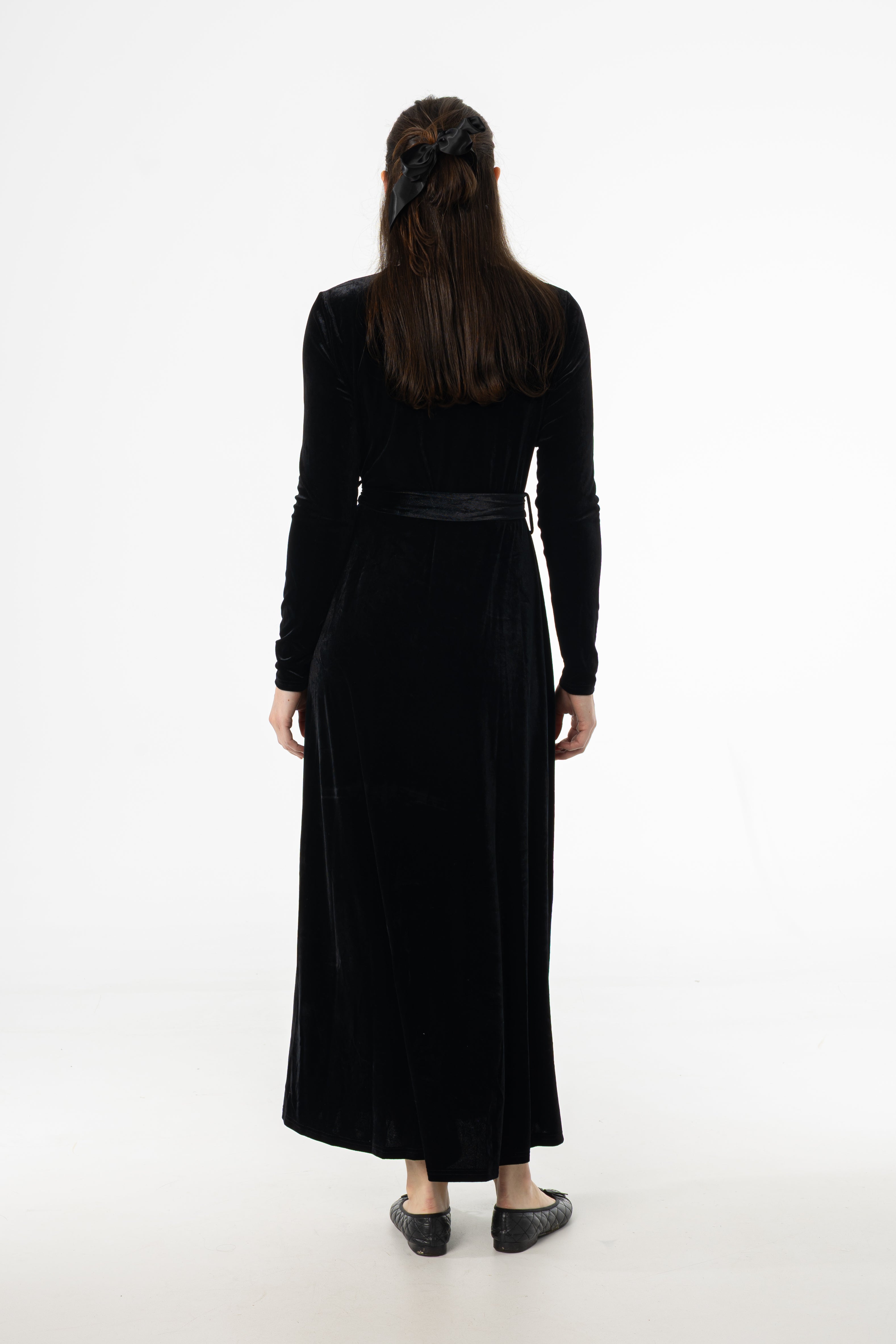 Black Ruched Velour Maxi Dress
