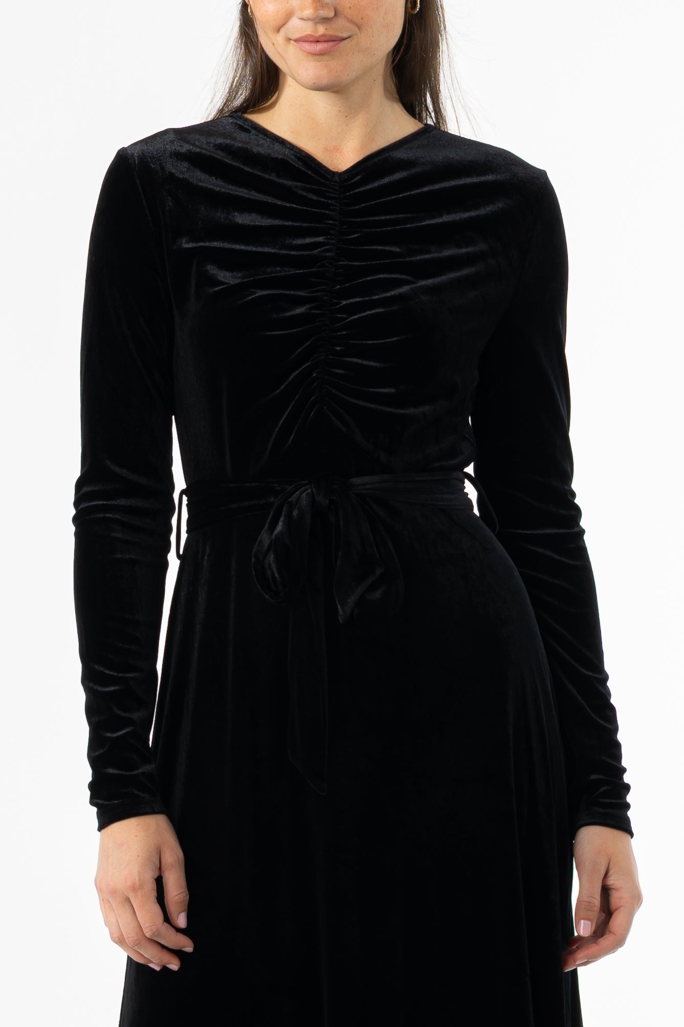 Black Ruched Velour Maxi Dress