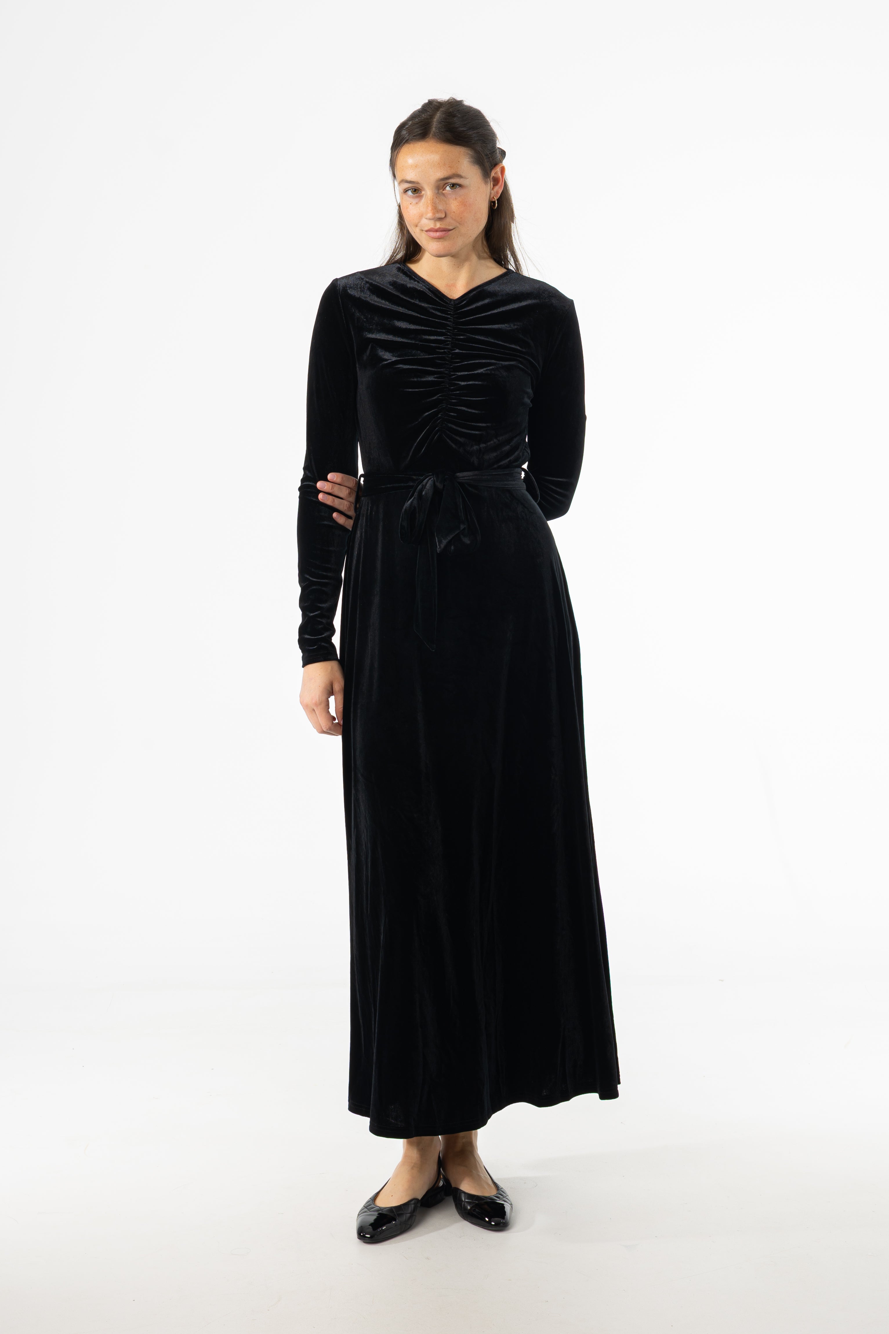Black Ruched Velour Maxi Dress