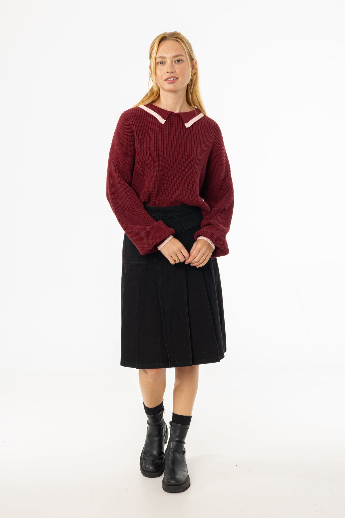 Black Half Pleat Cargo Denim Skirt